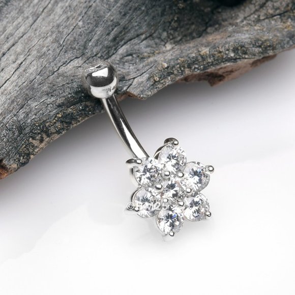 14 Karat White Gold Spring Flower Sparkle Prong Set Belly Button Ring